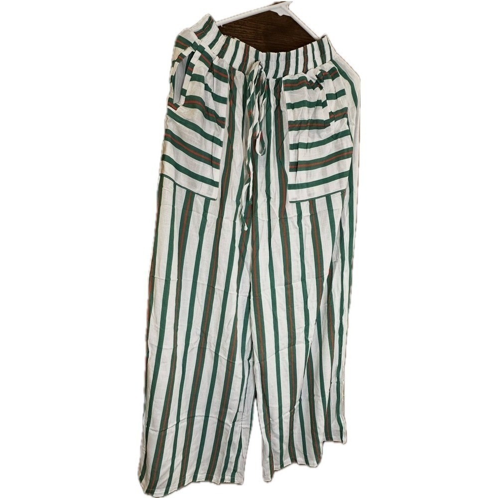 Cupshe Green Vertical Striped Elastic‎ Waist Wide Leg Pants medium
